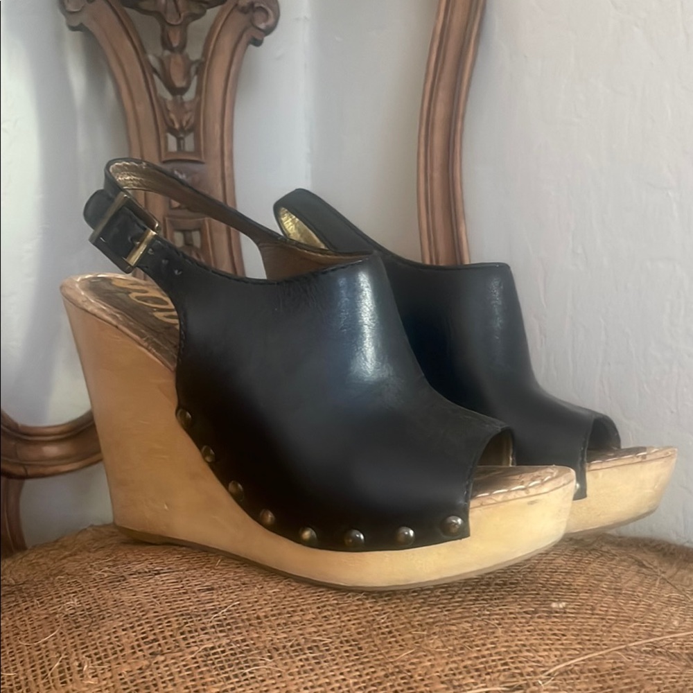 Sam Edelman Black and Tan Wedge Sandals